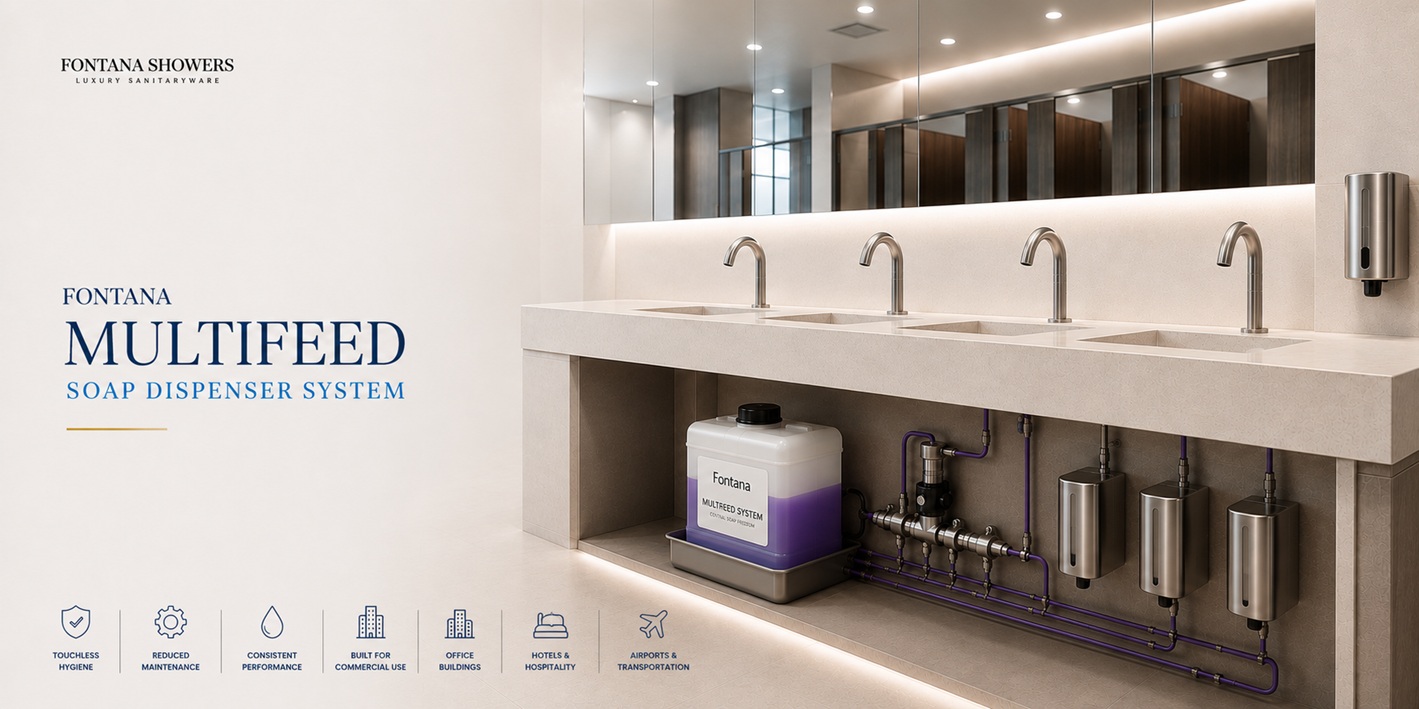 Fontana Multifeed centralized soap dispenser system supplying multiple touchless dispensers in a high-traffic commercial restroom